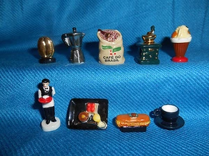 COFFEE Bean MOKA POT Grinder Set of 9 Mini Figurines FRENCH Tiny Porcelain FEVES - Picture 1 of 12