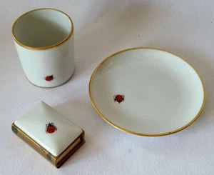 Ladybug Porcelain Set Small Plate Toothpick Cup Matchbox Cover Limoges France - Picture 1 of 12