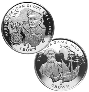 ISLE OF MAN 1 Crown 1998/99 BU 'Great Explorers -Vasco Da Gama & Robert F.Scott' - Picture 1 of 5