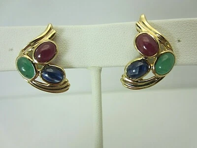 14k Gelbgold Cabochon Rubin Smaragd und Blau Saphir Ohrringe 5.70 Karat - Bild 1 von 4