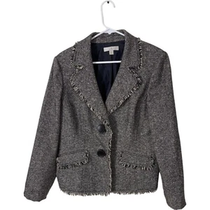Caslon Womens Blazer Jacket Size 14 Gray Single Breasted Lined Fringe Outerwear - Picture 1 of 7