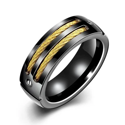 Banda de acero inoxidable anillo de moda dorado para hombre unisex doble cable B458 Foto 1 de 4
