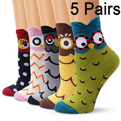 5 Pairs Owl Cat Socks Unisex Funny Cartoon Fun Mid Calf Socking Winter Warmer