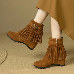 Western Womens Tassel Hidden Wedge Heel Buckle Strap Side Zip Ankle Boots New - Picture 1 of 15