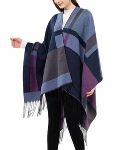 Kollie More Womens One Size Purple Color Block Fringe Shawl Pullover - Bild 1 von 9
