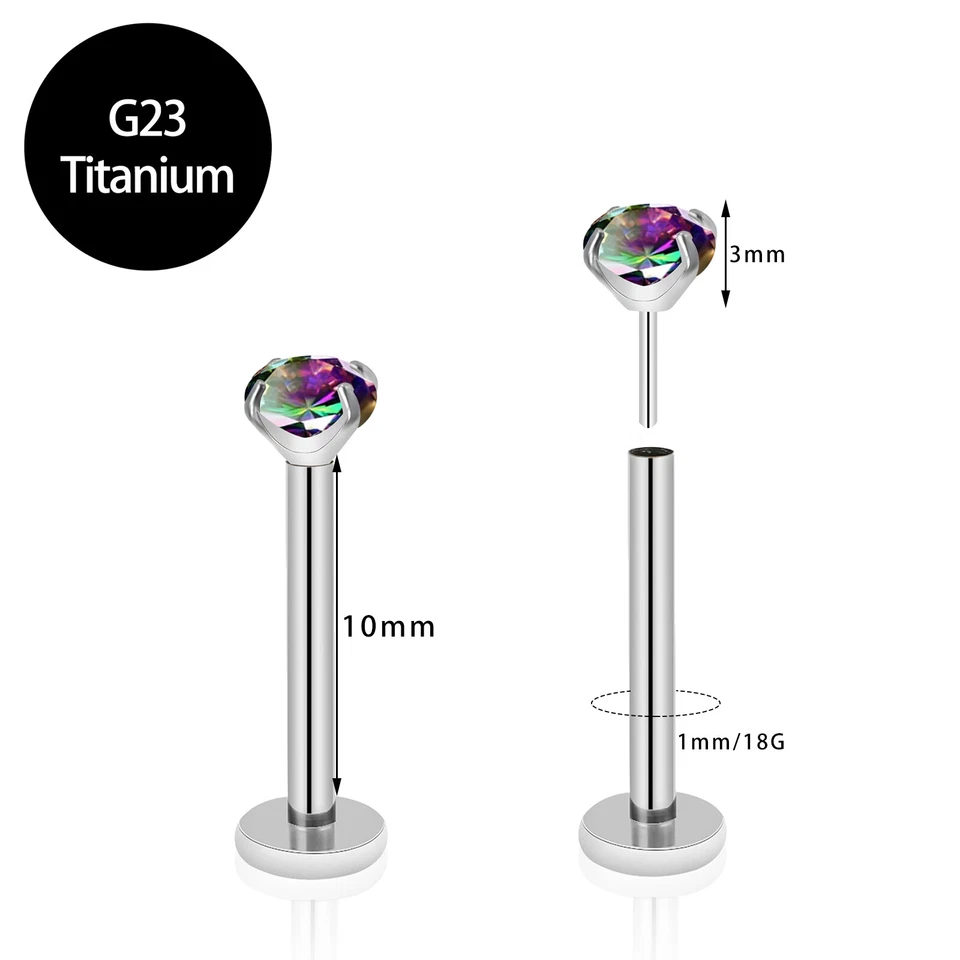 2pcs G23 Titanium Nose Stud Ring 18G 8mm/10mm Threadless Push-in Flat Back 3mm - Image 1 of 4