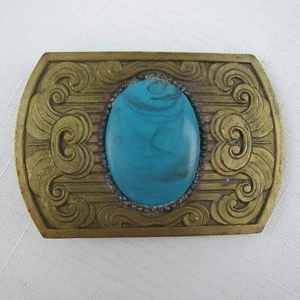 Vintage Western Gürtelschnalle Messing & Faux Türkis Oval Stein - Bild 1 von 12