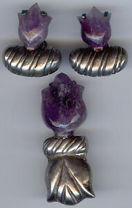 WILLIAM SPRATLING VINTAGE MEXICO SILVER CARVED AMETHYST TULIP PIN & EARRINGS*