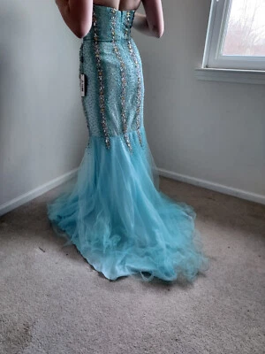 NWT Terani Couture Aqua Strapless Mermaid Formal Prom Evening sz 8 - Exquisite! - Image 1 of 4