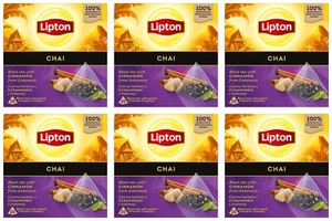 6 LIPTON CHAI Cinnamon Flavor Black Tea 20 Silk Pyramid Bags Boxes 34g 1.2oz - Picture 1 of 7