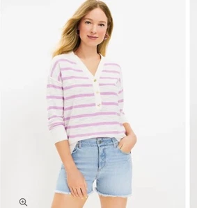 Loft White Purple Striped Drop Shoulder Beachy Henley Pullover Sweater Small - Picture 1 of 6