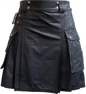 Men's Genuine Black Leather KILT Classic Gladiator Pleated Utility Goth LARP M - Picture 1 of 6