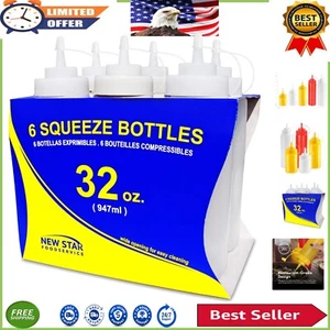Leak Resistant Wide Mouth Squeeze Bottles - 32 oz Pack of 6 for Sauces & Crafts - Picture 1 of 11