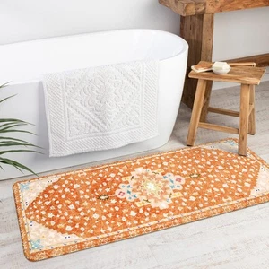 Boho Tribal Bathroom Runner Rug Orange Cute Floral Bath Mat Non-Slip Machine ... - Picture 1 of 7