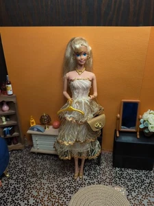 Vintage Barbie Clone Outfit - Flouncy Gilt & Lace Dress, Mules, Custom Purse + - Picture 1 of 24