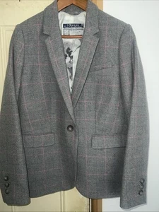 JOULES LIZBETH GREY PINK CHECK WOOL TWEED BLAZER JACKET SIZE 16 FITTED - Picture 1 of 15