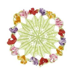 Tapete redondo vintage verde floral 17" hecho a mano crochet rosa púrpura amarillo - Imagen 1 de 8