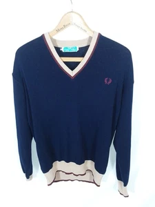 Vintage Fred Perry V-Neck Jumper Navy with Beige & Maroon Trim 44" Chest - Picture 1 of 6