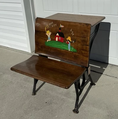 Vintage Wooden Child's School Desk with Inkwell -Seat Folds - 28” Tall - Image 1 of 4