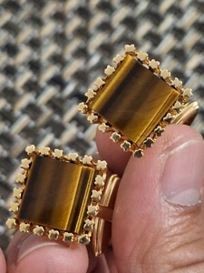 Vintage!π₯18ct. GOLD PLATED DIAMOND CUT & TIGER'S EYE MEN'S Cufflinks - Picture 1 of 2