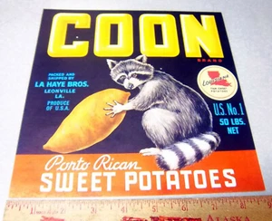 Vintage Original Label, 1940s C**N sweet Potatoes crate Label with raccoon - Picture 1 of 2
