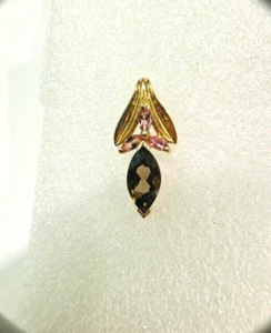 Estate 10K Yellow Gold Smoky Quartz and Pink Tourmaline Pendant - Picture 1 of 7