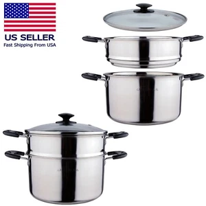 2 Ebenen Küche Edelstahl Dampfgarer Herd Dampf Kochen Töpfe Glasdeckel USA - Bild 1 von 10
