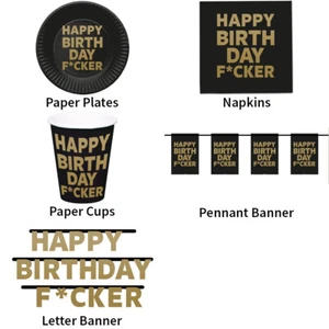 HAPPY BIRTHDAY F*CKER BLACK RUDE DECORATIONS - PARTYWARE COMPLETE SELECTION - Picture 1 of 6