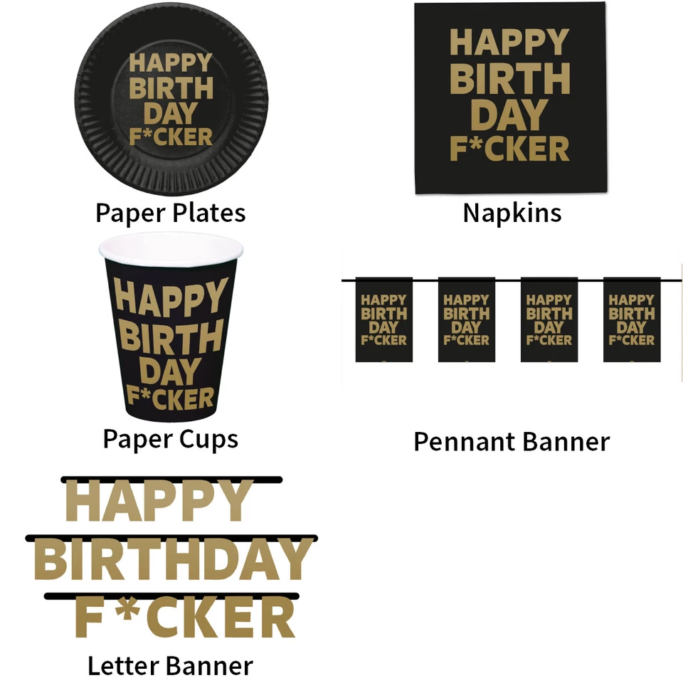 HAPPY BIRTHDAY F*CKER BLACK RUDE DECORATIONS - PARTYWARE COMPLETE SELECTION - Image 1 of 1