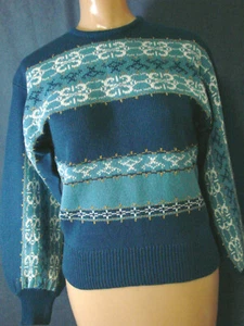 VTG 70s Knit Top Sweater NOS S Blue V Neck Metallic Threads Stripes Ski - Picture 1 of 8