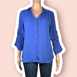 Express The Portofino Shirt Blue Pocketed Button Front Top Size Small - "Alisa" - Picture 1 of 24