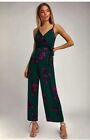 Lush Dark Green Purple Floral Print Tie Front Jumpsuit Size Small