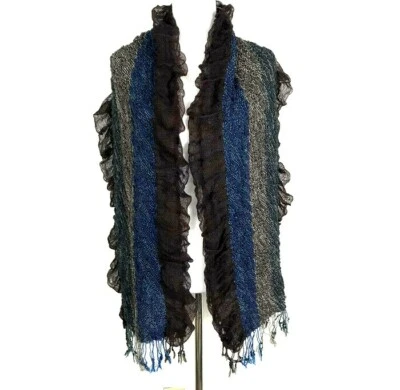 Bufanda elástica con flecos con volantes marrón azul beige 14" ancho x 66" largo a rayas informal Foto 1 de 4
