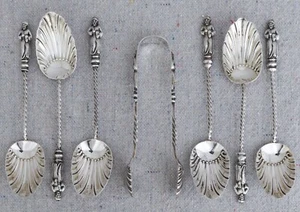 6 James Deakin & Sons Sterling Silver Apostle Demitasse Spoons & Sugar Tongs - Picture 1 of 9