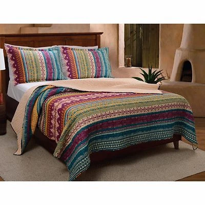NEW! ~ COZY BLUE TEAL AQUA GREEN ORANGE TEXAS COUNTRY TRIBAL WESTERN QUILT SET - Image 1 of 4