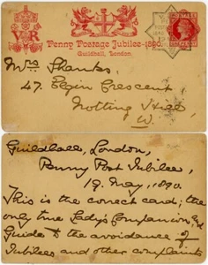 1890 PENNY POST JUBILEO GILDHALL TARJETA 19 DE MAYO MENSAJE A LA SEÑORA SHANKS NOTTING HILL - Imagen 1 de 3