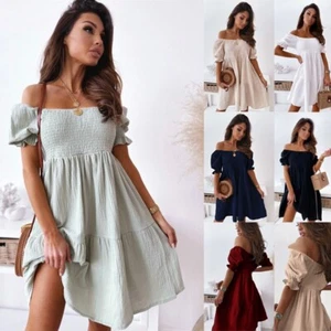 Womens Summer Ruffle Dress Ladies Off Shoulder Frill Mini Sundress Plus Size UK - Picture 1 of 19
