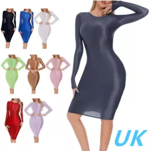 UK Women's Shiny Glossy Long Sleeve Bodycon Dress Nylon Midi Dress Clubwear - Picture 1 of 84
