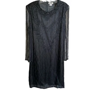 Vintage Cocktail Midi Dress M Black Ling Sleeve Embellished Fairy Retro Gatsby - Picture 1 of 10