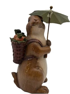 Wood Carved Rabbit W/ Woven Basket Carrots Metal Umbrella VTG Holiday Figure Dec - Picture 1 of 8