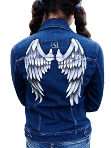 Hand Painted Custom White Angel Wings Denim Jacket Glitter XS Art Joe's Jeans - Picture 1 of 10