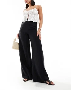 & Other Stories Black Wide Leg Linen Blend Pants Size 12 Fluid Trouser - Picture 1 of 7
