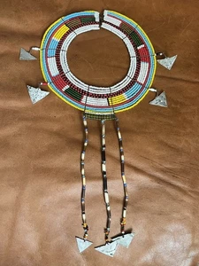 African Beaded Wedding Collar Necklace Tribal Kenya Masai Metal blue Red Yellow - Picture 1 of 12