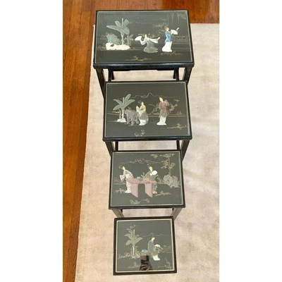 1980s Vintage Chinese Hand Painted Nesting Tables in Black Set of 4 Asian Art - Image 1 of 4