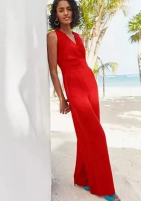 Mono Boden Hexham Rojo Satinado Pierna Rayas Cuello en V - Nuevo con Etiquetas £130 - Talla 10 P Foto 1 de 4