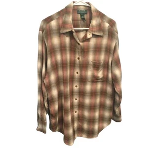 Lauren Ralph Lauren Womens Button Up Shirt Size Large Wool Beige Plaid Classic - Picture 1 of 9