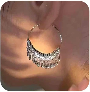 Vintage Tribal Fransen Ohrringe Silber Kreis Spirale Böhmen Frauen - Bild 1 von 7