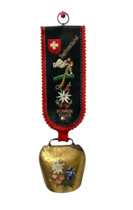 Switzerland Schweiz Suisse Trummelbach Bell Brass Embroidered Leather Strap 10” - Picture 1 of 11