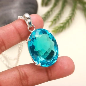 Natural Neon Apatite Oval Cut Shape Solid silver pendant 925 Gift For Her - Picture 1 of 4