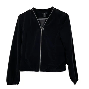 H&M Women's Black Bomber Jacket Size 2 Full Zip Long Sleeve Moto Biker Pockets - Picture 1 of 7